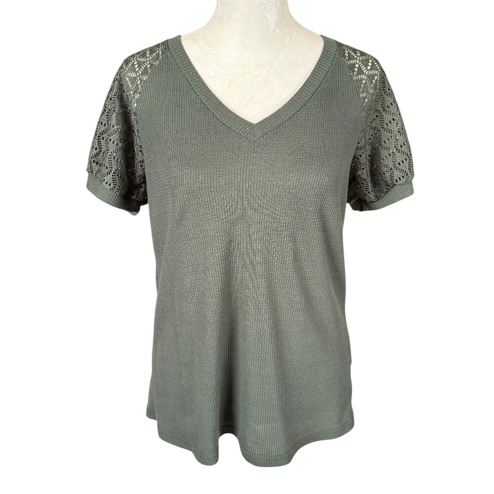 Miholl women's waffle knit v-neck top forrest green short sleeve size small
